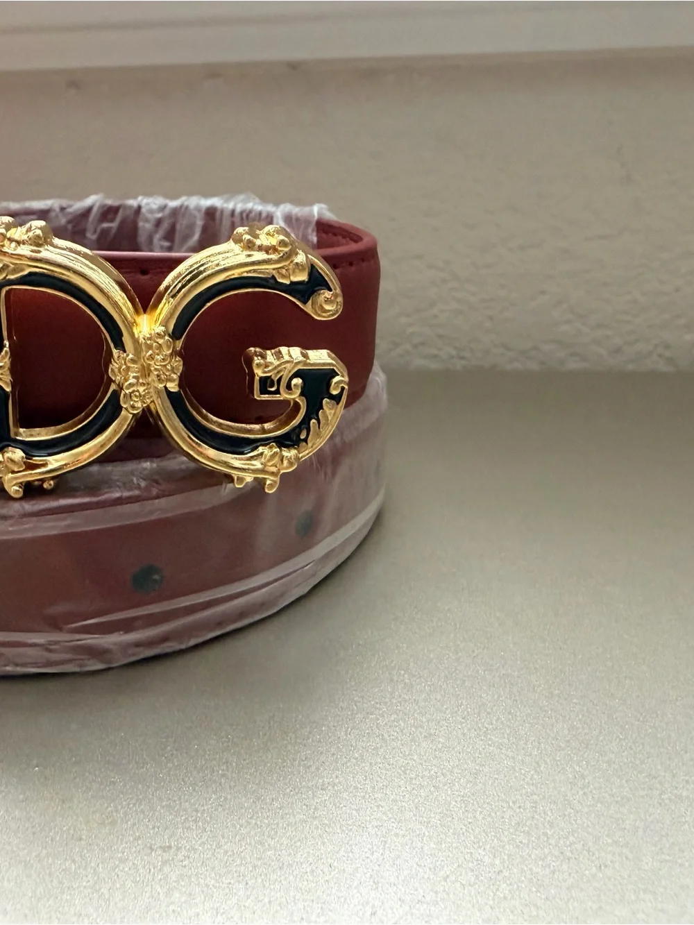 New women’s deep red Leather Belt with Gold DG Buckle - size XL(110cm